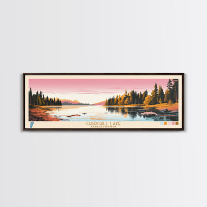 Churchill Lake Saskatchewan Framed Canvas Print, Midcentury Modern Panoramic Wall Art, Living Room Decor, Pop Art, Travel Poster Art, Scenic Nature Painting, Lake House Decor