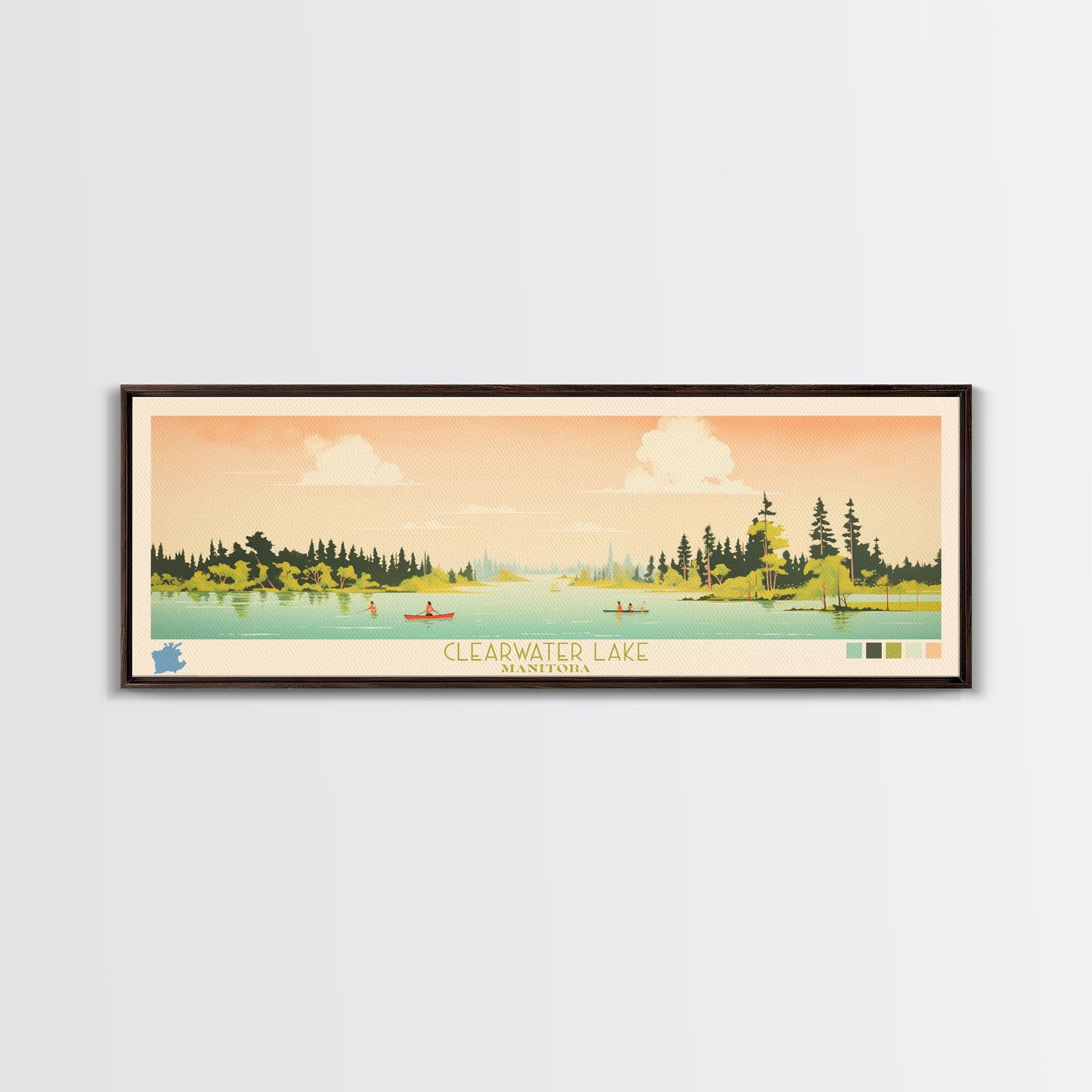 Clearwater Lake Manitoba Framed Canvas Print, Midcentury Modern Panoramic Wall Art, Living Room Decor, Pop Art, Travel Poster Art, Scenic Nature Painting, Lake House Decor