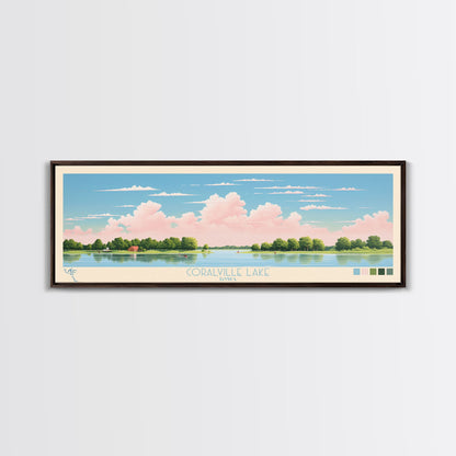 Coralville Lake Iowa Framed Canvas Print, Midcentury Modern Panoramic Wall Art, Living Room Decor, Pop Art, Travel Poster Art, Scenic Nature Painting, Lake House Decor