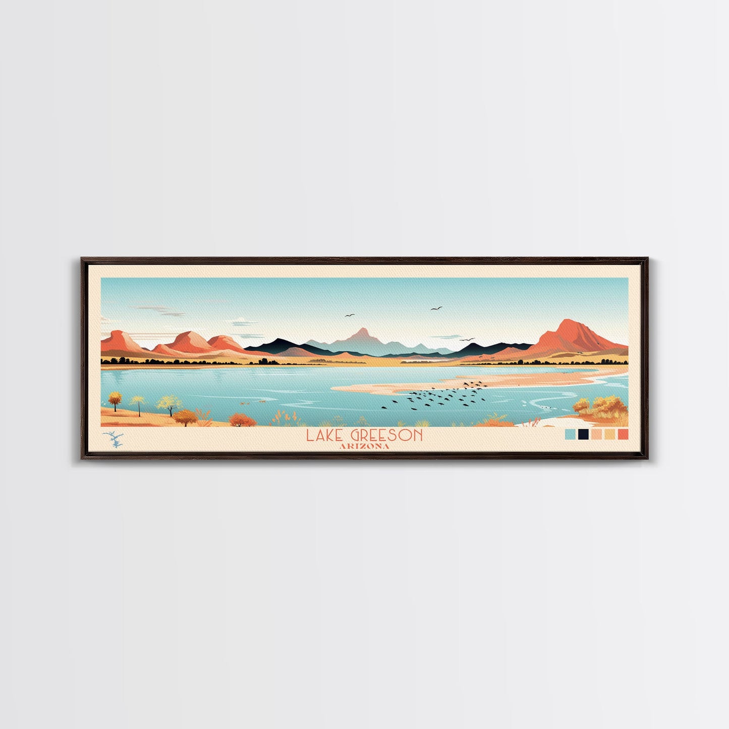 Leinwanddruck „Lake Greenson, Arizona“ mit Rahmen, Panorama-Wandbild, Midcentury Modern, Pop Art, Wohnzimmerdekoration, Reiseposter, Schlafzimmerkunst