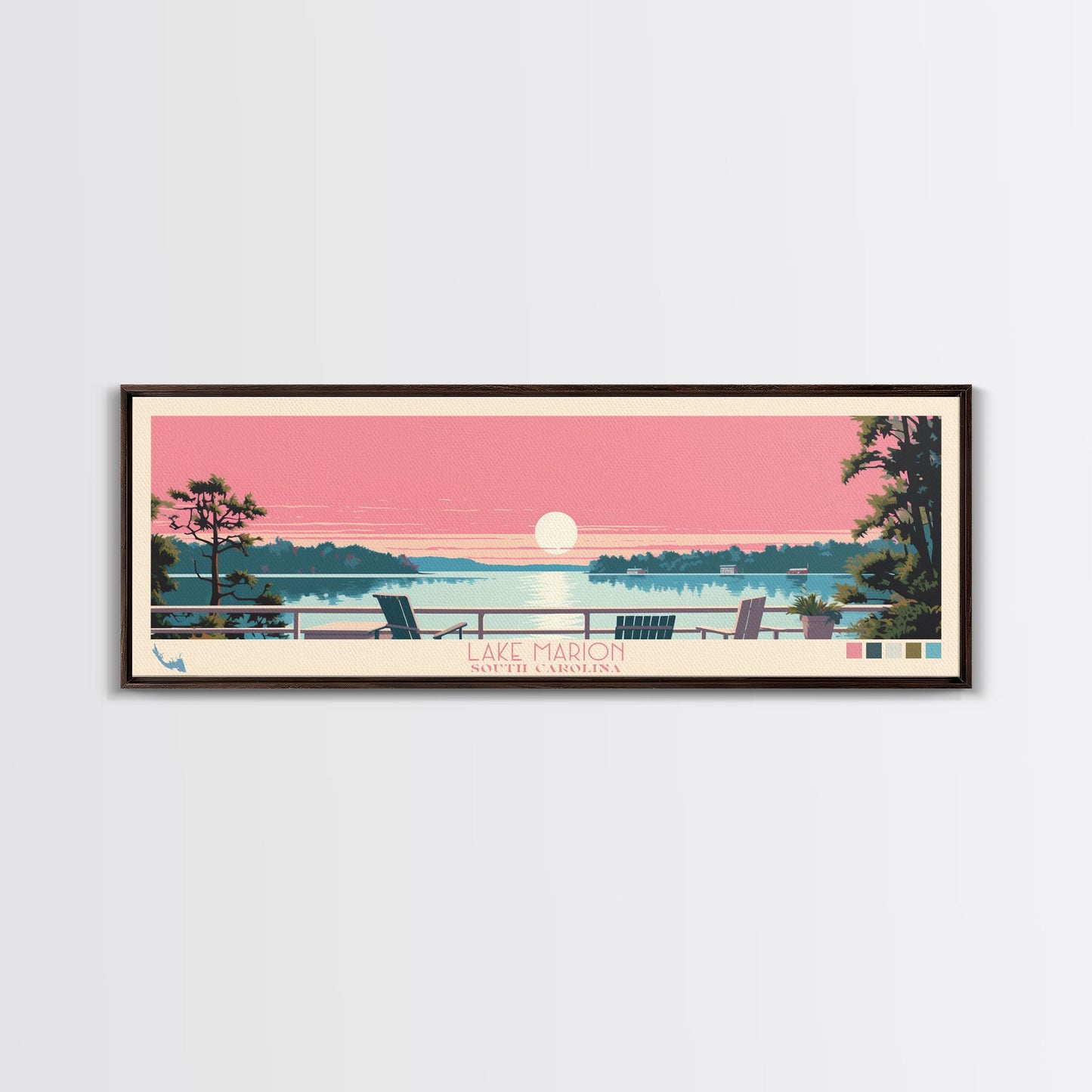 Lake Marion South Carolina Framed Canvas Print, Panoramic Wall Art, Midcentury Modern, Pop Art, Living Room Decor, Travel Poster
