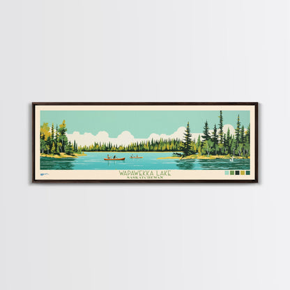 Wapawekka Lake, Saskatchewan Framed Canvas Print, Panoramic Lake House Decor, Midcentury Modern Art, Pop Art, Travel Poster, Bedroom Wall Art