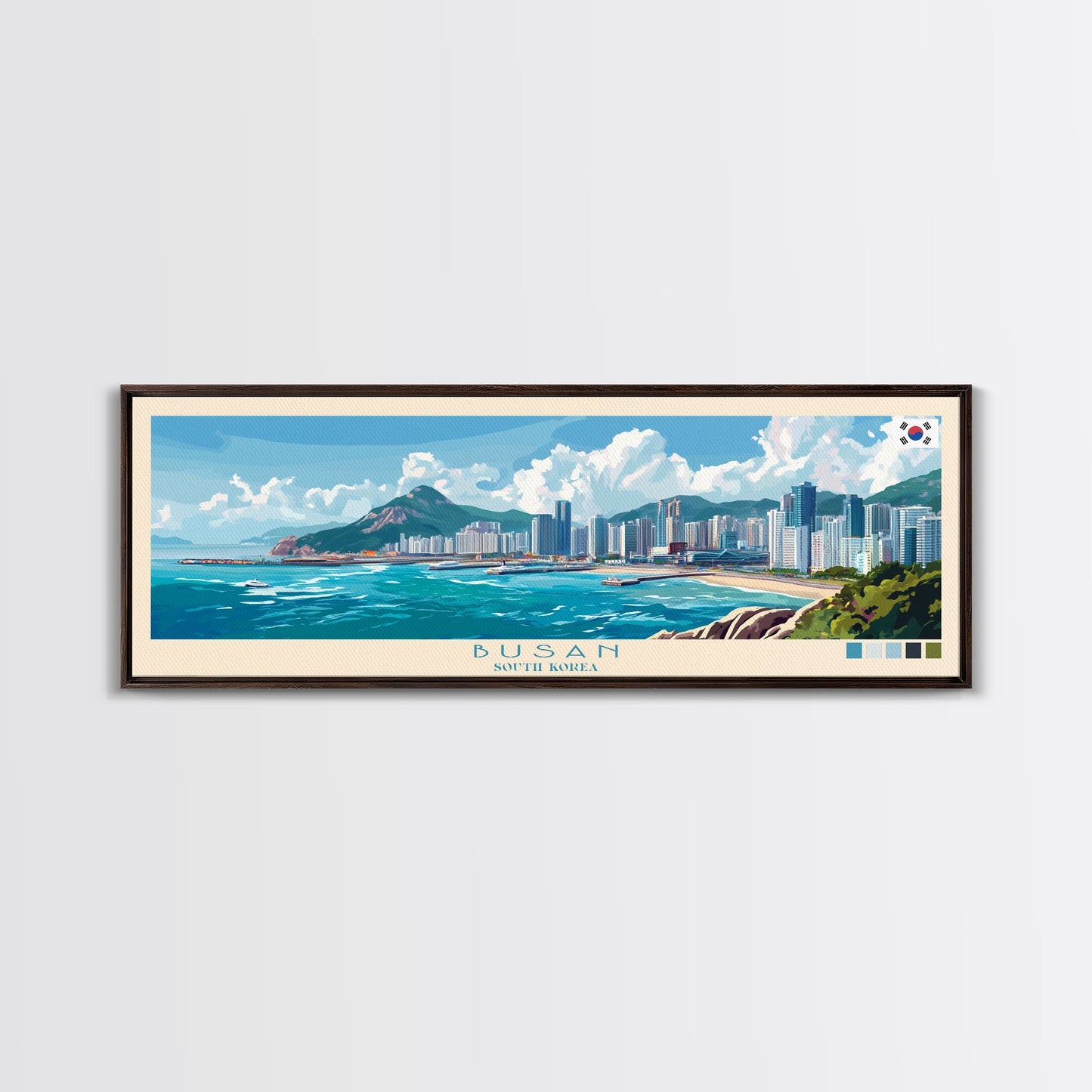 Busan, South Korea Travel Poster Panoramic Canvas Print, Busan, South Korea Painting, South Korea Art, Busan Travel Art, Guest Room Painting