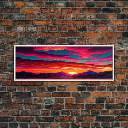 Panoramic Framed Canvas Print | Desert Mountain Landscape Synthwave Sunset | Living Room, Bedroom, Dining Room, Office