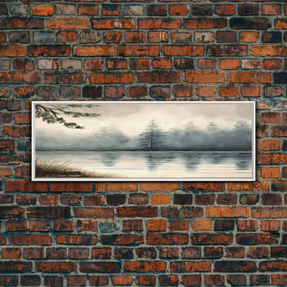 Panoramic Framed Canvas Print of Misty Fog Covered Lake and Pine Tree Forest, Perfect for Living Room, Bedroom, Fog Covered Lake