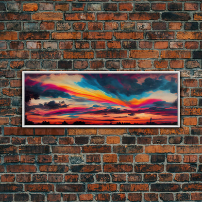 Beautiful Panoramic Watercolor Sunset, Extra Large Wall Art, Framed Panoramic Canvas Print, Framed Wall Art