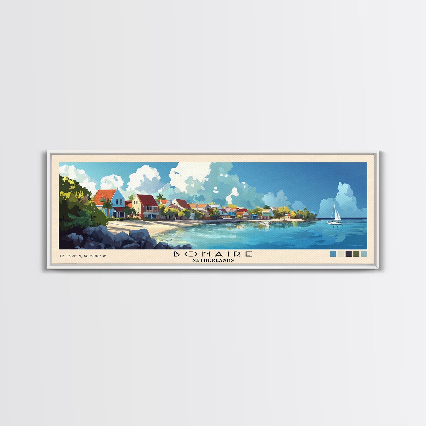 Bonaire, Netherlands Panoramic Beach Print, Vacation Gift, Netherlands Wall Art, Framed Canvas Print, Framed Beach Painting
