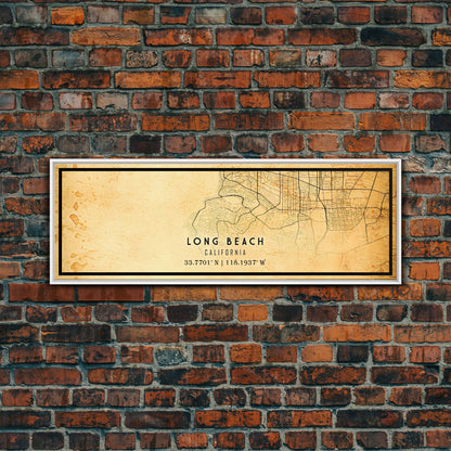 Panoramic Long Beach map print poster or framed canvas | California map print poster canvas | city map print poster canvas, distressed map