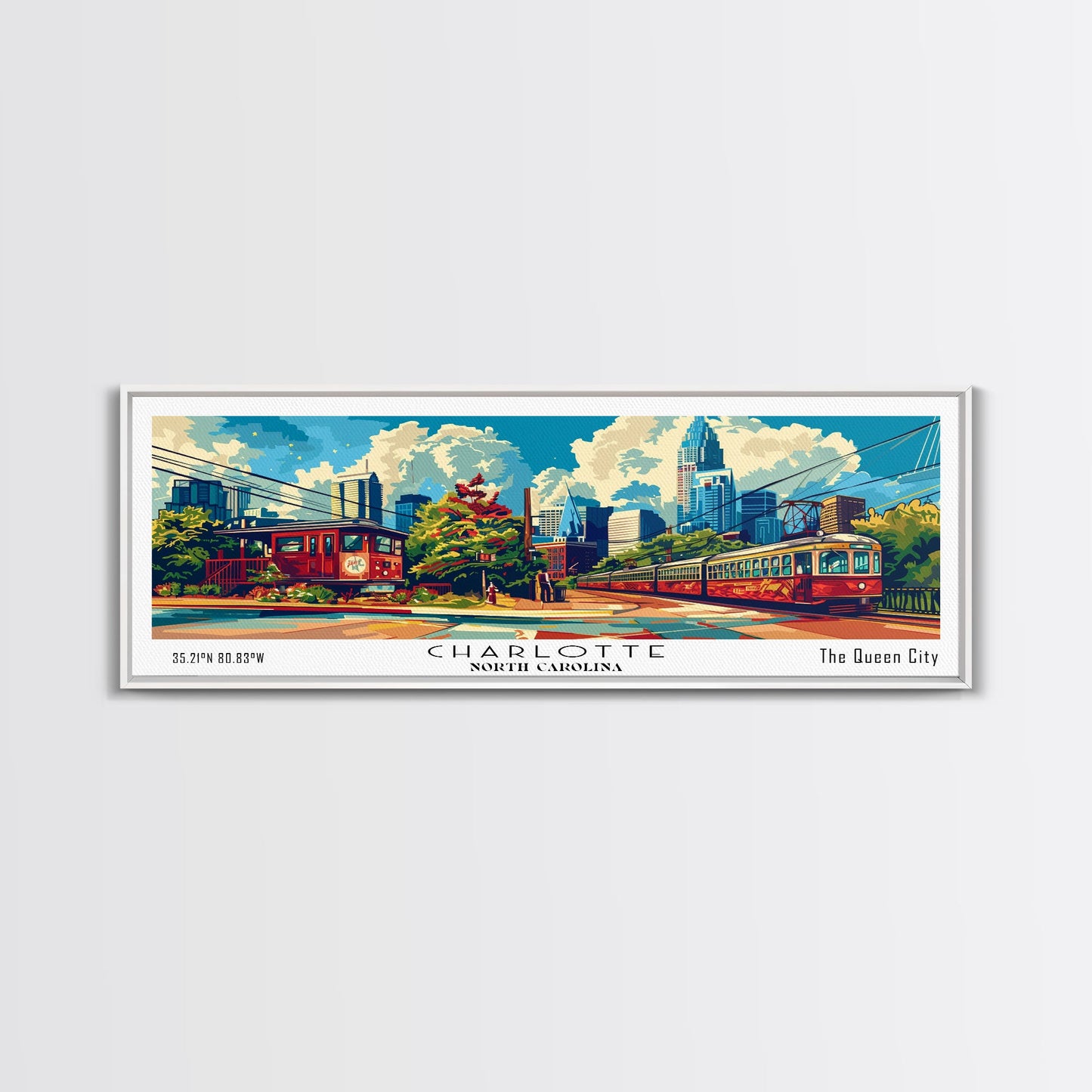 Charlotte North Carolina Panoramic Painting Framed Canvas Print, Mid Century Modern Art, Pop Art Style, Travel Poster, Wall Art Decor