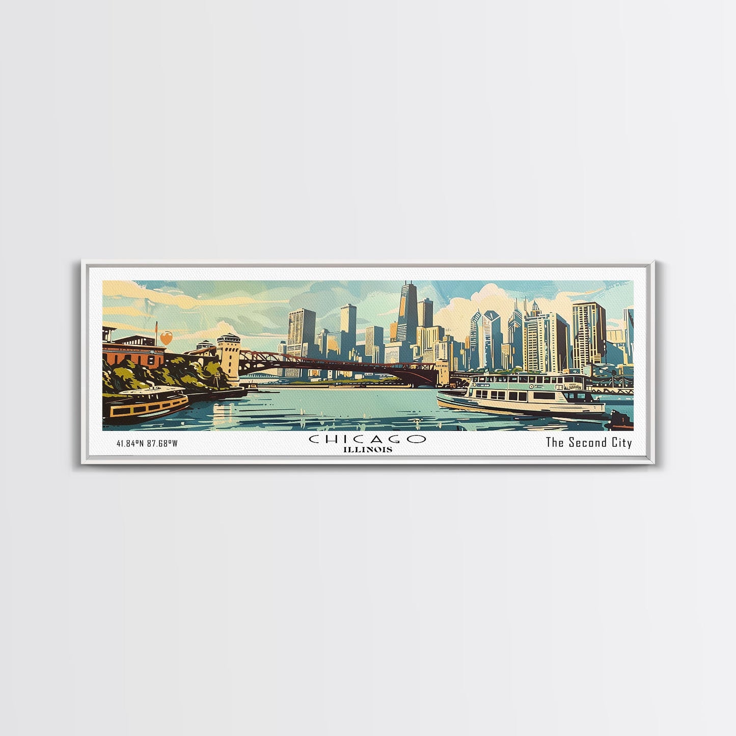 Chicago Illinois Panoramic Painting, Mid Century Modern Framed Canvas Print, Retro Pop Art Travel Poster, Wall Decor, Gift Idea, Home Decor