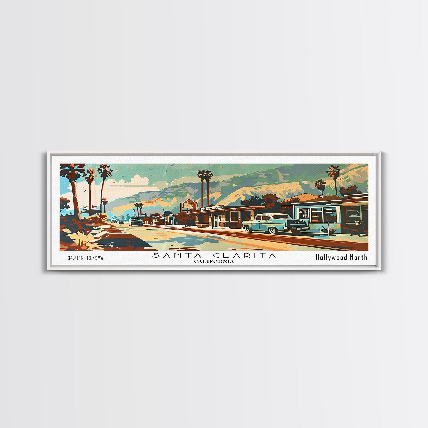 Santa Clarita California Panoramic Wall Art, Mid Century Modern Framed Canvas Print, Retro Pop Art Travel Poster, Living Room and Office Decor