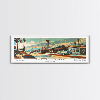 Santa Clarita California Panoramic Wall Art, Mid Century Modern Framed Canvas Print, Retro Pop Art Travel Poster, Living Room and Office Decor