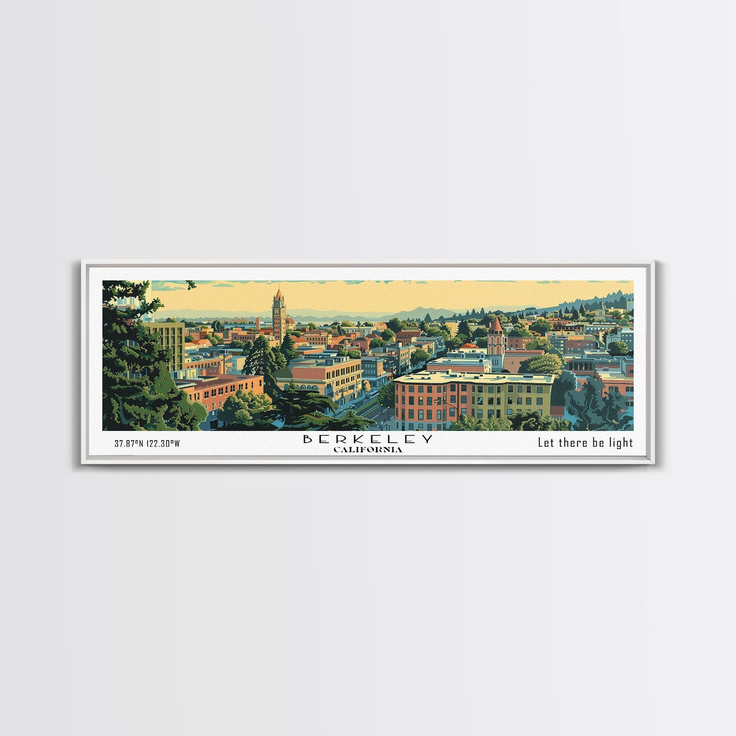 Berkeley California Panoramic Painting, Mid Century Modern Framed Canvas Print, Retro Pop Art Travel Poster, Home Decor, City Print