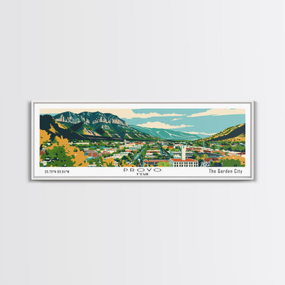 Panoramagemälde von Provo, Utah, gerahmter Leinwanddruck im Mid-Century-Modern-Stil, Retro-Pop-Art-Reiseposter, Stadtbild, Wanddekoration fürs Büro, Wohnzimmerbild