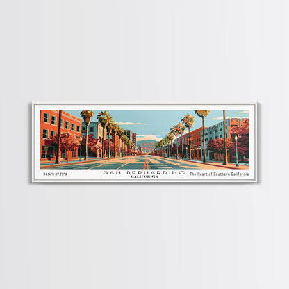 San Bernardino California Panoramic Painting, Mid Century Modern Framed Canvas Print, Retro Pop Art Travel Poster, Cityscape, Home Decor, Office Wall Art