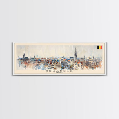 Brussels Belgium Panoramic Travel Poster, Framed Canvas Print or Metal Wall Art, Travel Art, Home Decor, Panoramic Painting, Midcentury Art