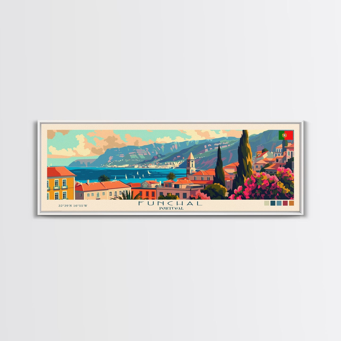 Funchal Portugal Travel Print Wall Art, Panoramic City Art, Travel Art, Wall Decor, Vacation Gift, Framed Canvas Print Or Metal Art