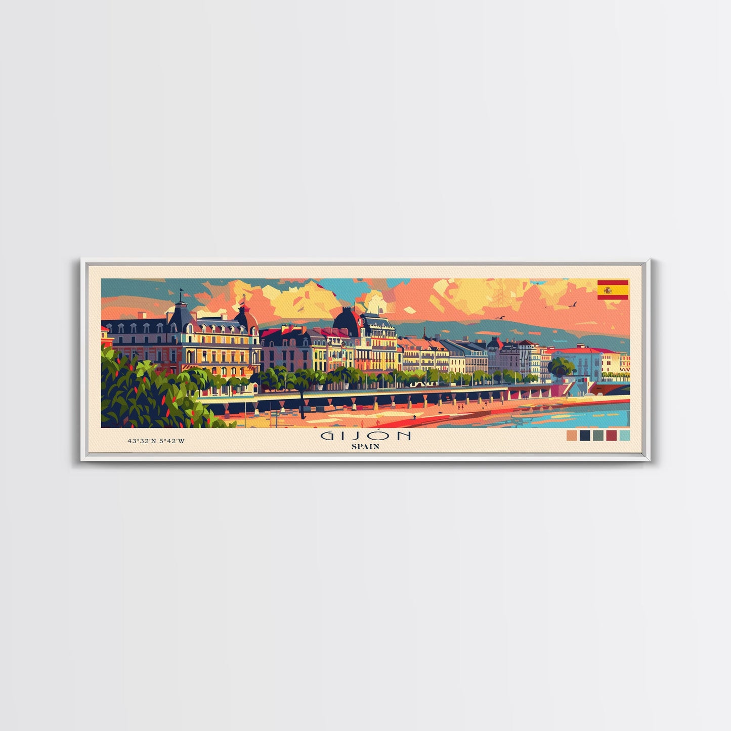 Gijón, Spanien – Kunstdruck für die Wand, Panorama-Stadtbild, Reisekunst, Wanddekoration, Urlaubsgeschenk, gerahmter Leinwanddruck oder Metallbild