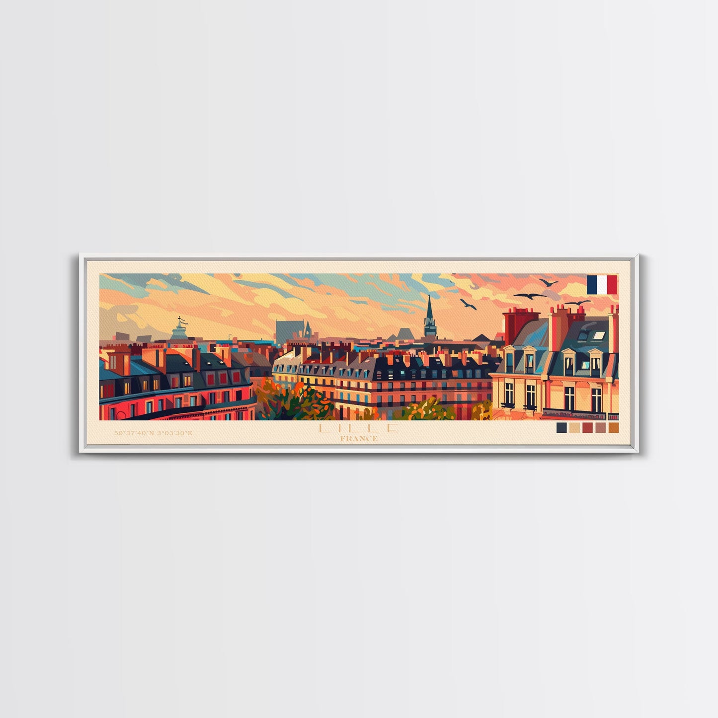 Wandbild „Lille, Frankreich“, Panorama-Reiseposter, gerahmter Panorama-Leinwanddruck, Stadtbild, Wanddekoration, Reisekunst