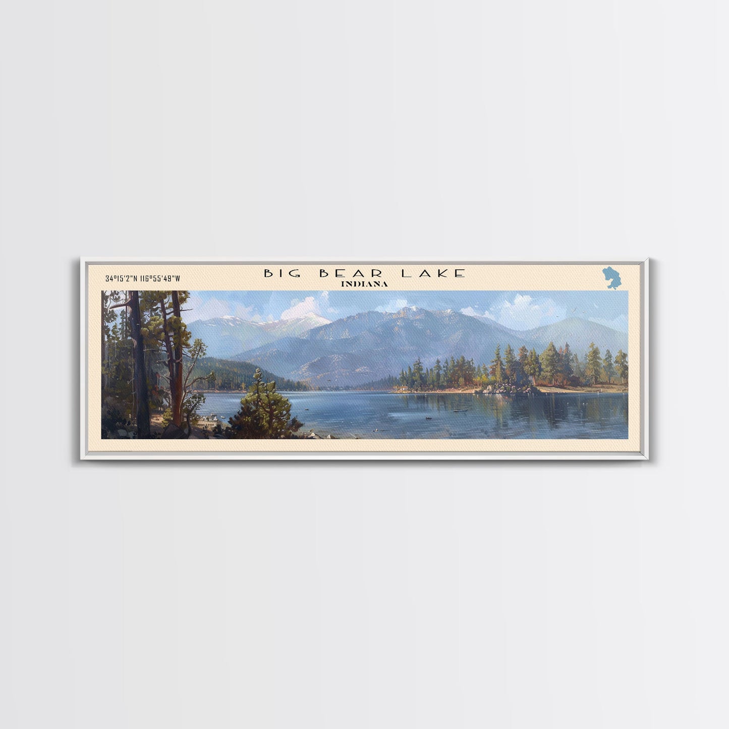 Panorama-Leinwanddruck „Big Bear Lake, Kalifornien“ mit Rahmen, Dekoration fürs Seehaus, malerischer Ausblick, Reiseposter, moderne Kunst, Natur-Wandbild