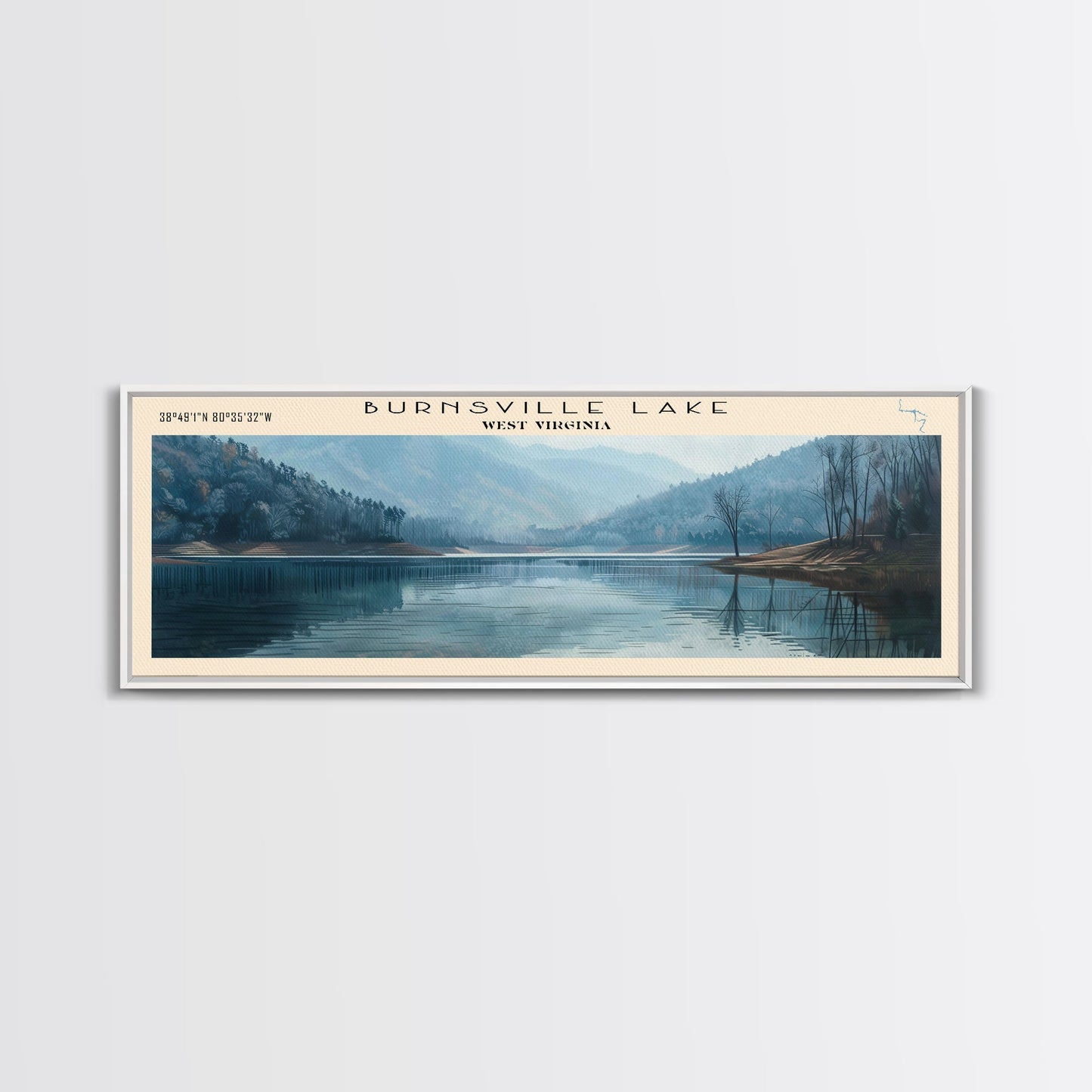 Burnsville Lake West Virginia Framed Canvas Print, Panoramic Lake House Decor, Wall Art, Travel Poster, Modern Lake Painting, Nature Art