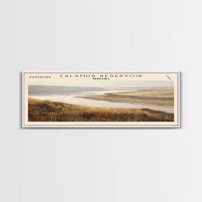 Calamus Reservoir Nebraska Framed Canvas Print, Panoramic Lake House Decor, Wall Art, Travel Poster, Rustic Lake Painting, Nature Art