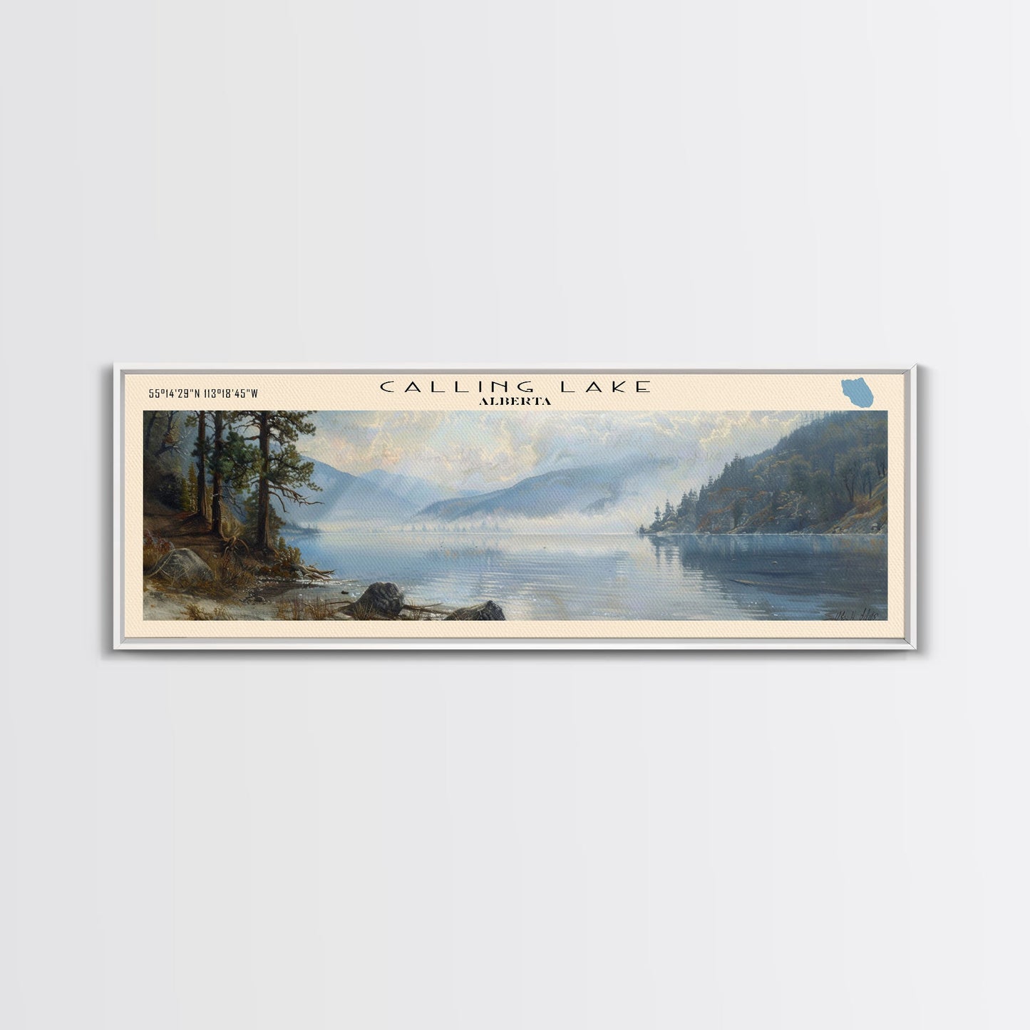 Calling Lake Framed Canvas Print, Panoramic Lake House Decor, Wall Art, Travel Poster, Rustic Lake Painting, Nature Art