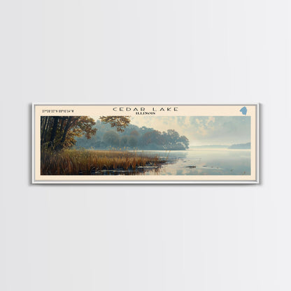 Cedar Lake Illinois Framed Canvas Print, Lake House Art, Panoramic Wide Art, Travel Poster, Minimalist Lake Painting, Home Decor