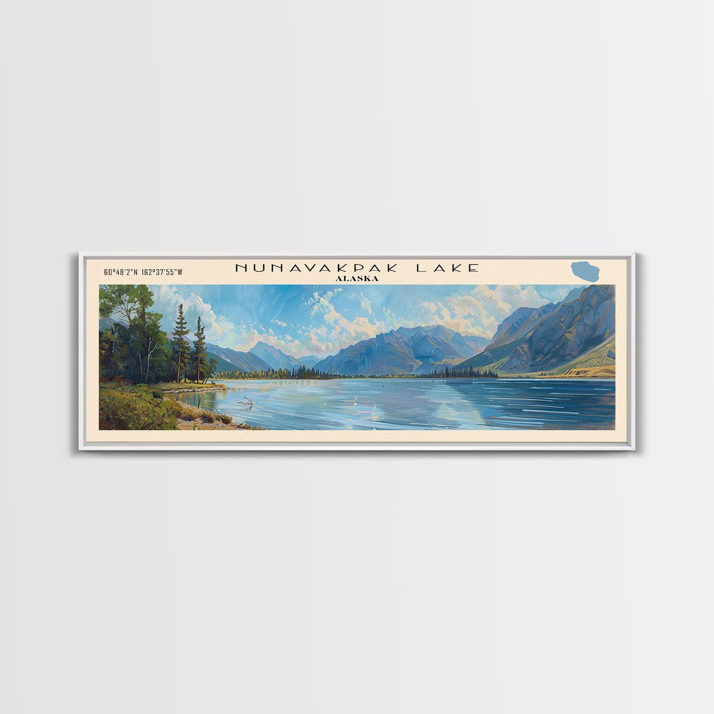 Nunavakpak Lake Framed Canvas Print, Lake House Decor, Panoramic Wall Art, Travel Poster, Scenic Landscape Painting, Contemporary Art