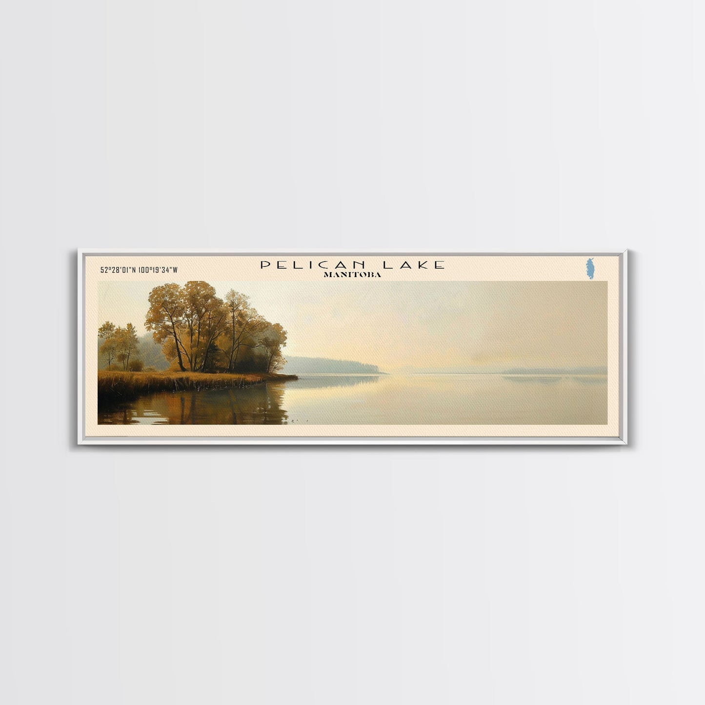 Pelican Lake Framed Canvas Print, Lake House Decor, Panoramic Wall Art, Travel Poster, Scenic Landscape Painting, Contemporary Art