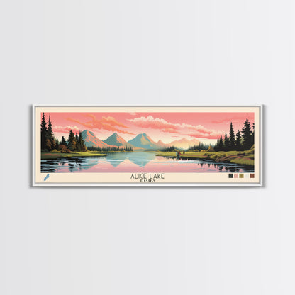 Alice Lake Idaho Framed Canvas Print, Panoramic Wall Art, Midcentury Modern, Pop Art, Travel Poster, Lake House Decor