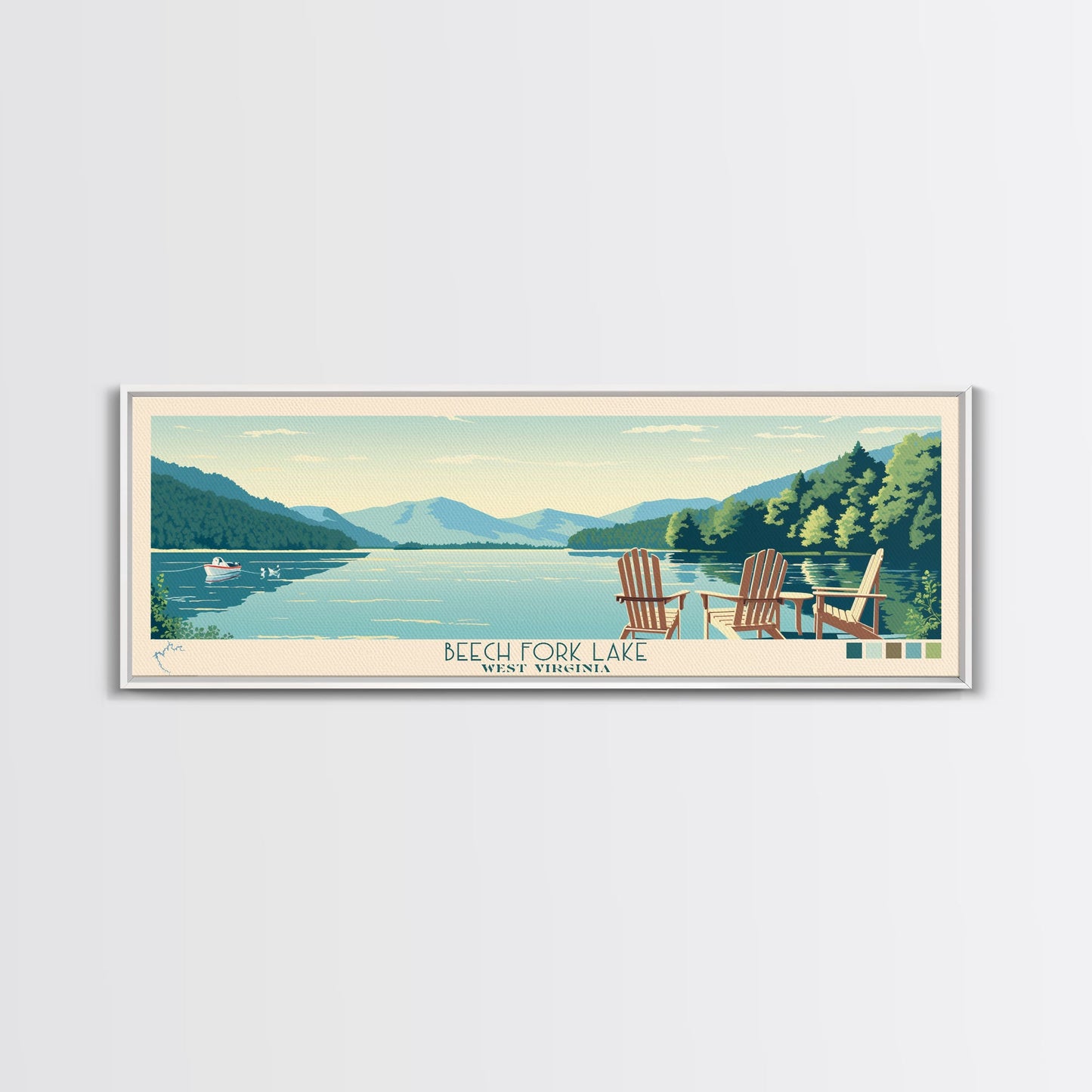 Beech Fork Lake West Virginia Framed Canvas Print, Panoramic Wall Art, Midcentury Modern, Pop Art, Travel Poster, Scenic Lake House Decor, Bedroom Art