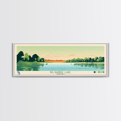 Big Barbee Lake Indiana Framed Canvas Print, Panoramic Travel Poster, Midcentury Modern Wall Art, Pop Art, Nature Living Room Art, Lake House Decor