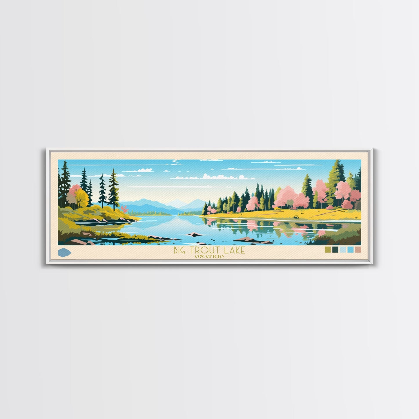 Big Trout Lake Ontario Framed Canvas Print, Panoramic Travel Poster, Midcentury Modern Wall Art, Pop Art, Nature Living Room Art, Lake House Decor