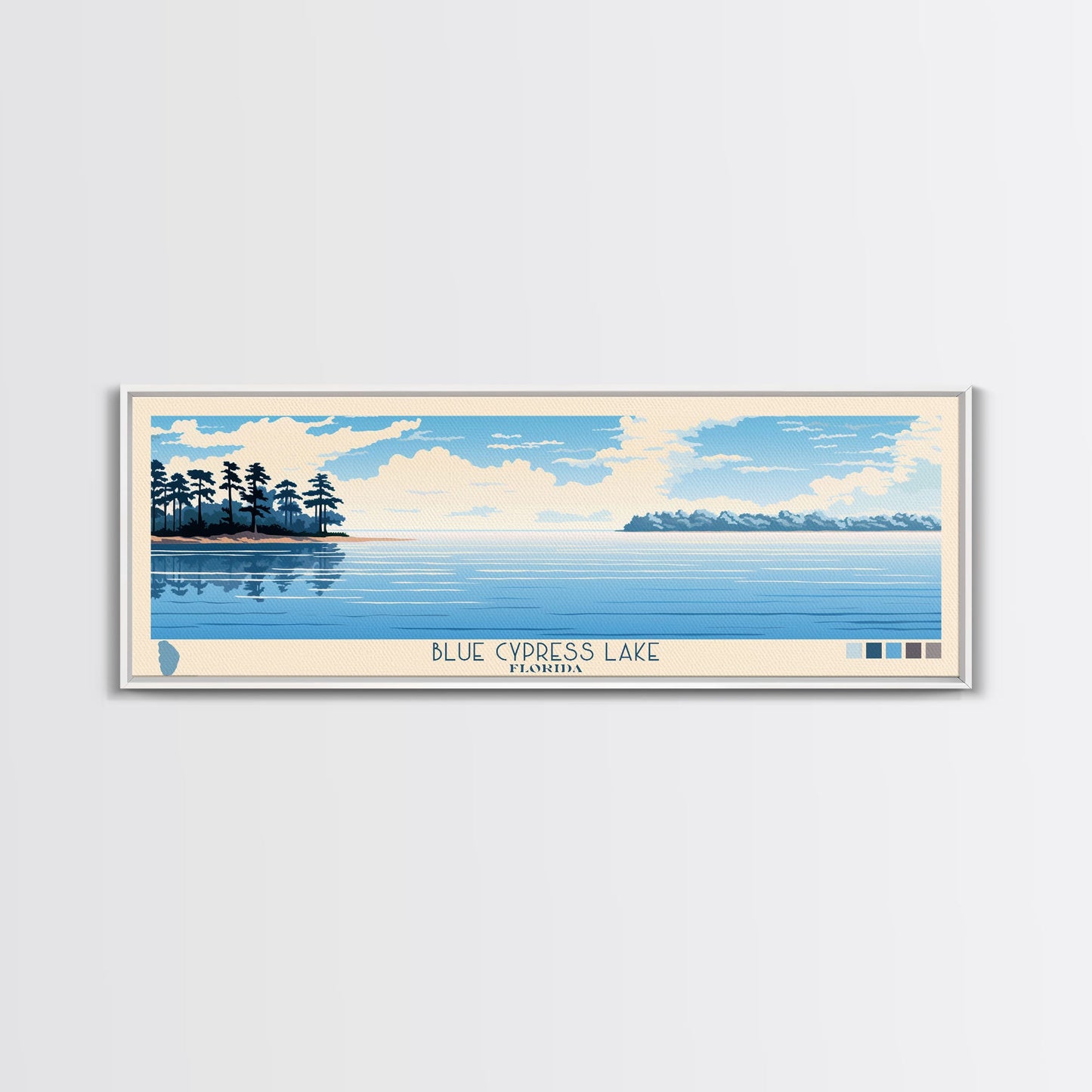 Blue Cypress Lake Florida Framed Canvas Print, Panoramic Wall Art, Midcentury Modern, Pop Art, Travel Poster, Scenic Living Room Art, Lake House Decor