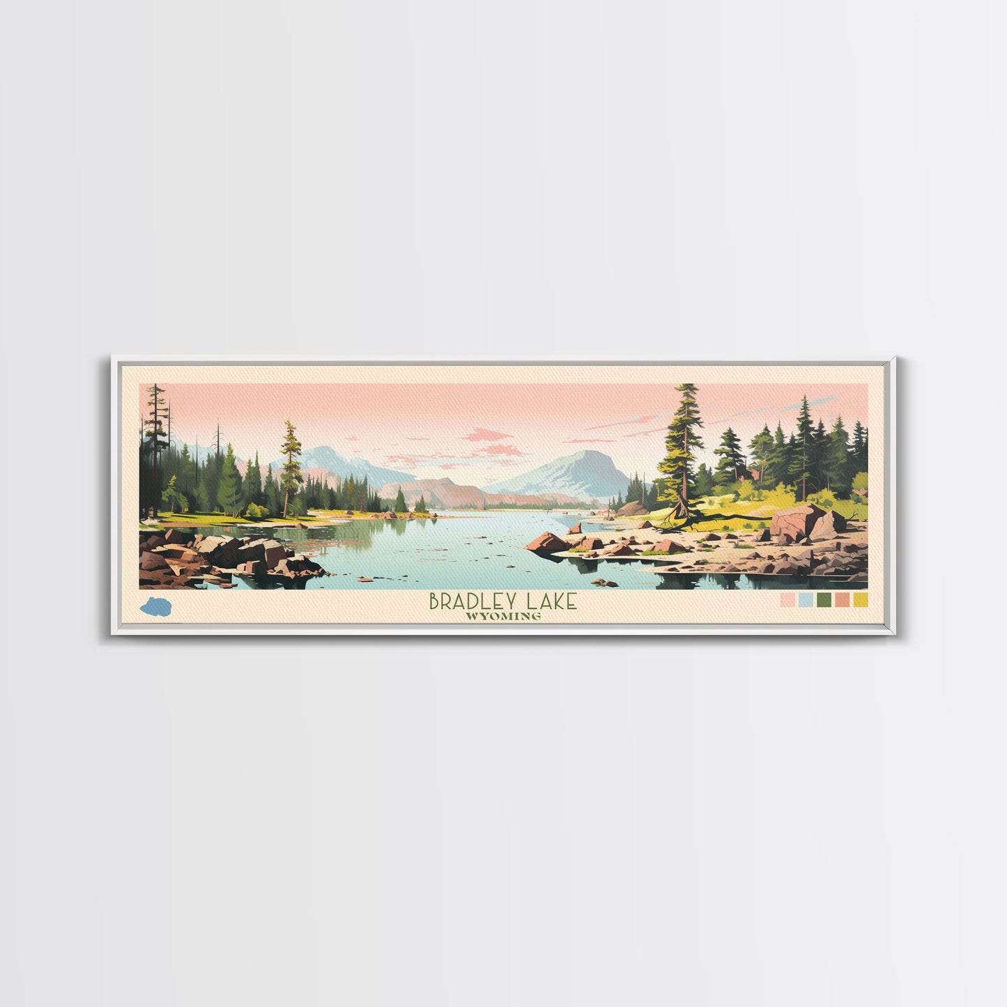 Bradley Lake Wyoming Framed Canvas Print, Midcentury Modern Panoramic Wall Art, Living Room Decor, Pop Art, Travel Poster Art