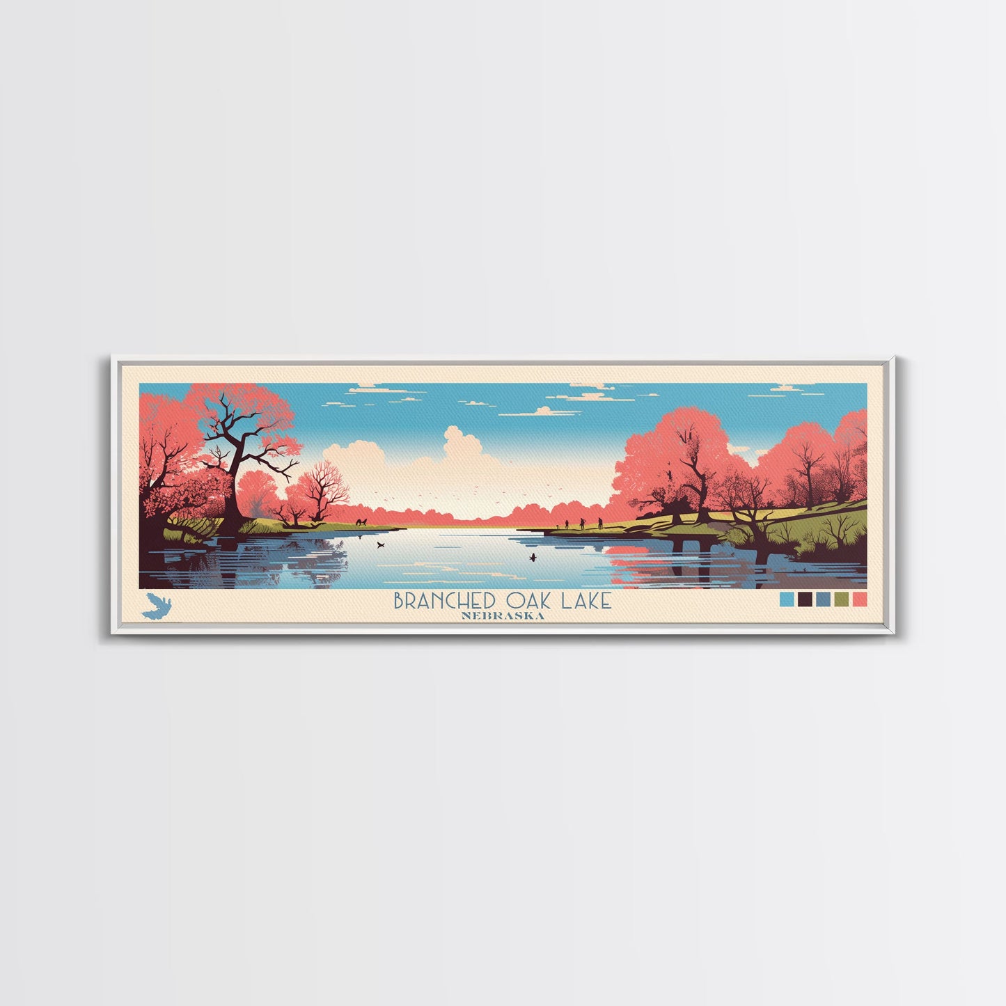 Branched Oak Lake Nebraska Framed Canvas Print, Pop Art Panoramic Travel Poster, Bedroom Decor, Midcentury Modern, Wall Art, Scenic Lake House