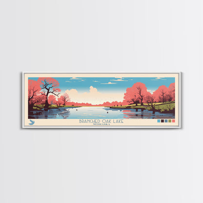 Branched Oak Lake Nebraska Framed Canvas Print, Pop Art Panoramic Travel Poster, Bedroom Decor, Midcentury Modern, Wall Art, Scenic Lake House