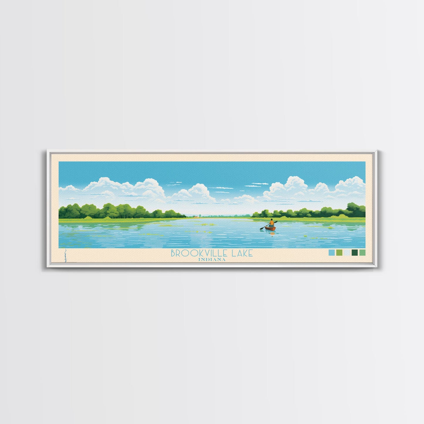 Brookville Lake Indiana Framed Canvas Print, Midcentury Modern Panoramic Wall Art, Living Room Decor, Pop Art, Travel Poster Art, Nature Painting