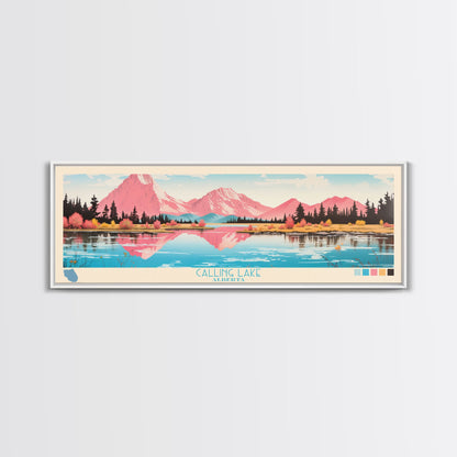 Calling Lake Alberta Framed Canvas Print, Midcentury Modern Panoramic Wall Art, Living Room Decor, Pop Art, Travel Poster Art, Scenic Nature Painting