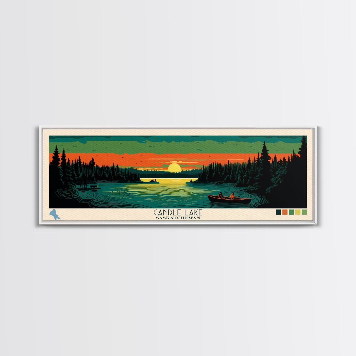 Candle Lake Saskatchewan Framed Canvas Print, Midcentury Modern Panoramic Wall Art, Living Room Decor, Pop Art, Travel Poster Art, Scenic Nature Painting