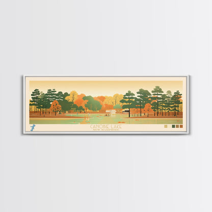 Canobie Lake New Hamphire Framed Canvas Print, Midcentury Modern Panoramic Wall Art, Living Room Decor, Pop Art, Travel Poster Art, Scenic Nature Painting