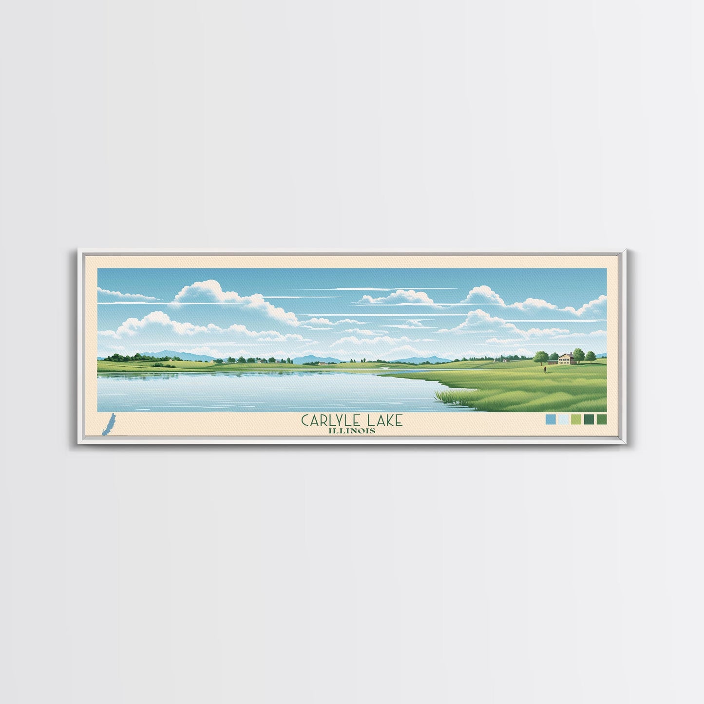 Carter Lake Nebraska Framed Canvas Print, Midcentury Modern Panoramic Wall Art, Living Room Decor, Pop Art, Travel Poster Art, Scenic Nature Painting, Lake House Decor