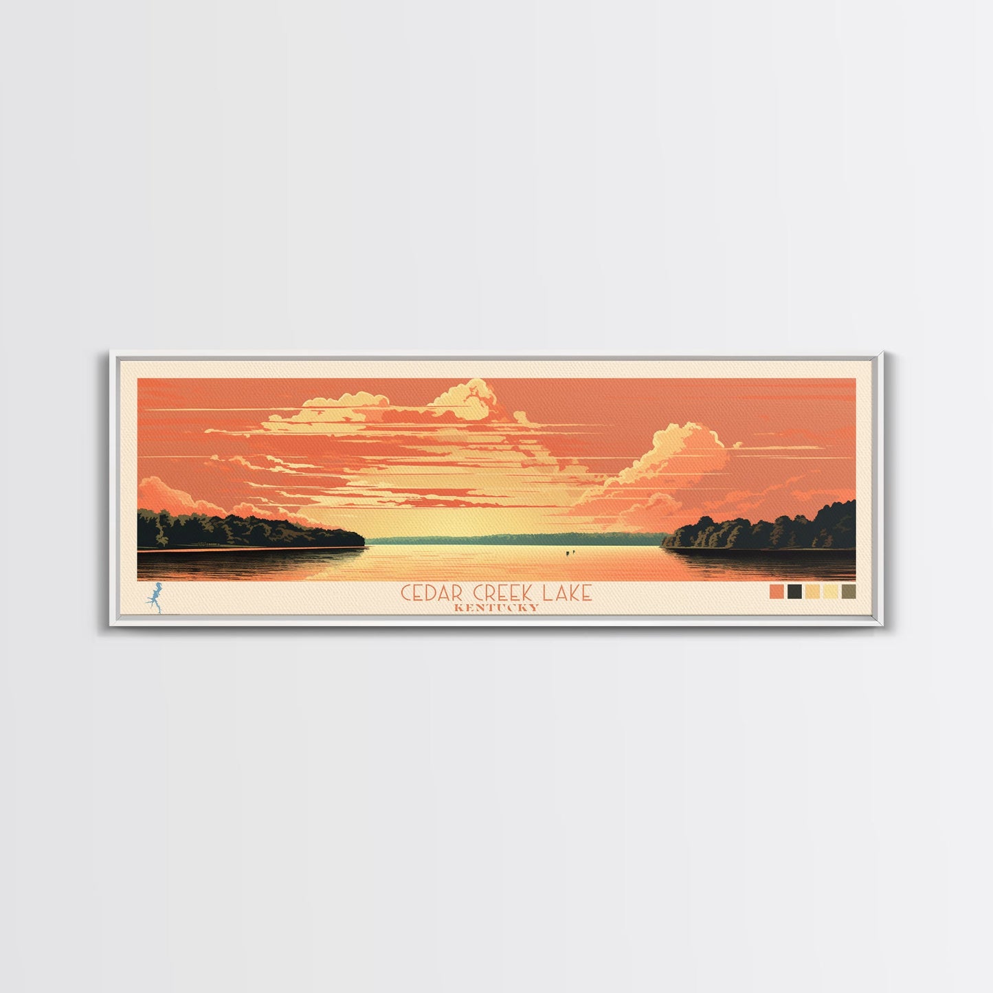 Cedar Creek Lake Kentucky Framed Canvas Print, Midcentury Modern Panoramic Wall Art, Living Room Decor, Pop Art, Travel Poster Art, Scenic Nature Painting, Lake House Decor