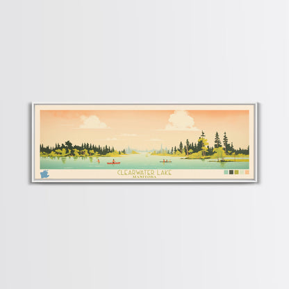 Clearwater Lake Manitoba Framed Canvas Print, Midcentury Modern Panoramic Wall Art, Living Room Decor, Pop Art, Travel Poster Art, Scenic Nature Painting, Lake House Decor