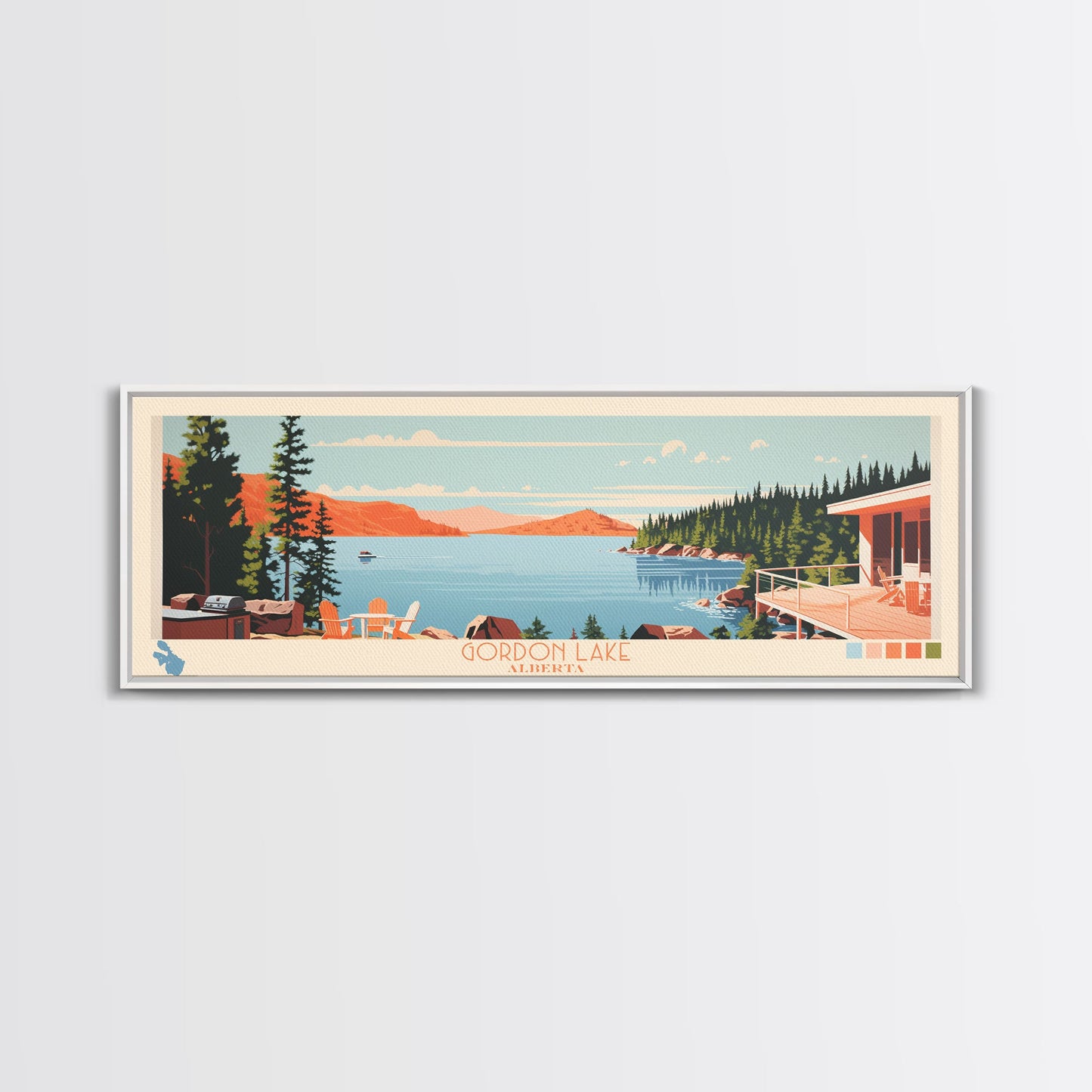 Gordon Lake Alberta Framed Canvas Print, Panoramic Art, Midcentury Modern, Pop Art, Bedroom Decor, Travel Poster, Artistic Decor, Home Decor