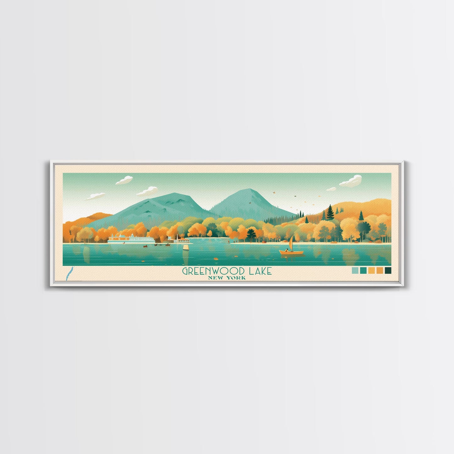 Greenwood Lake New York Framed Canvas Print, Panoramic Art, Midcentury Modern, Pop Art, Bedroom Decor, Travel Poster, Lake House Decor