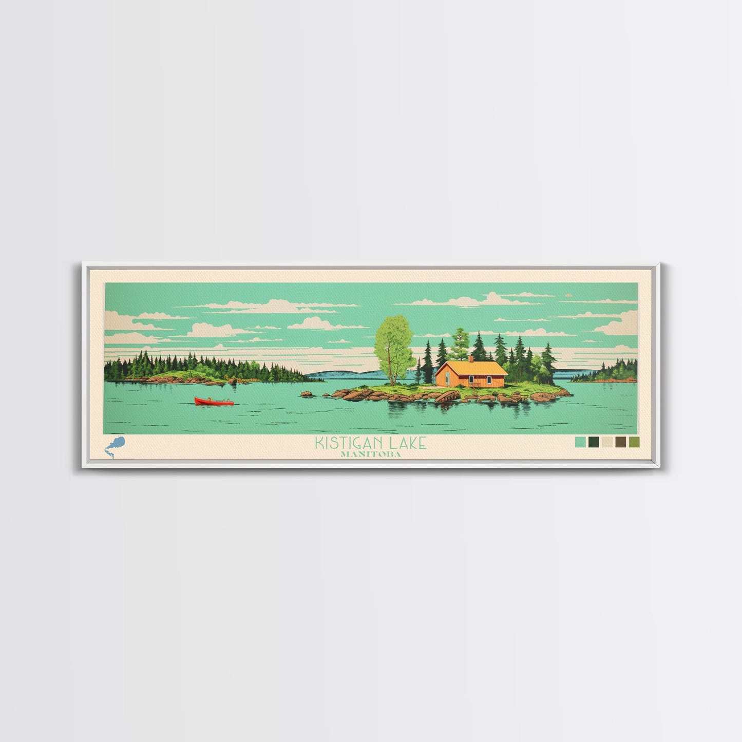 Kistigan Lake Manitoba Framed Canvas Print, Panoramic Wall Art, Midcentury Modern, Pop Art, Bedroom Decor, Travel Poster, Nature Decor
