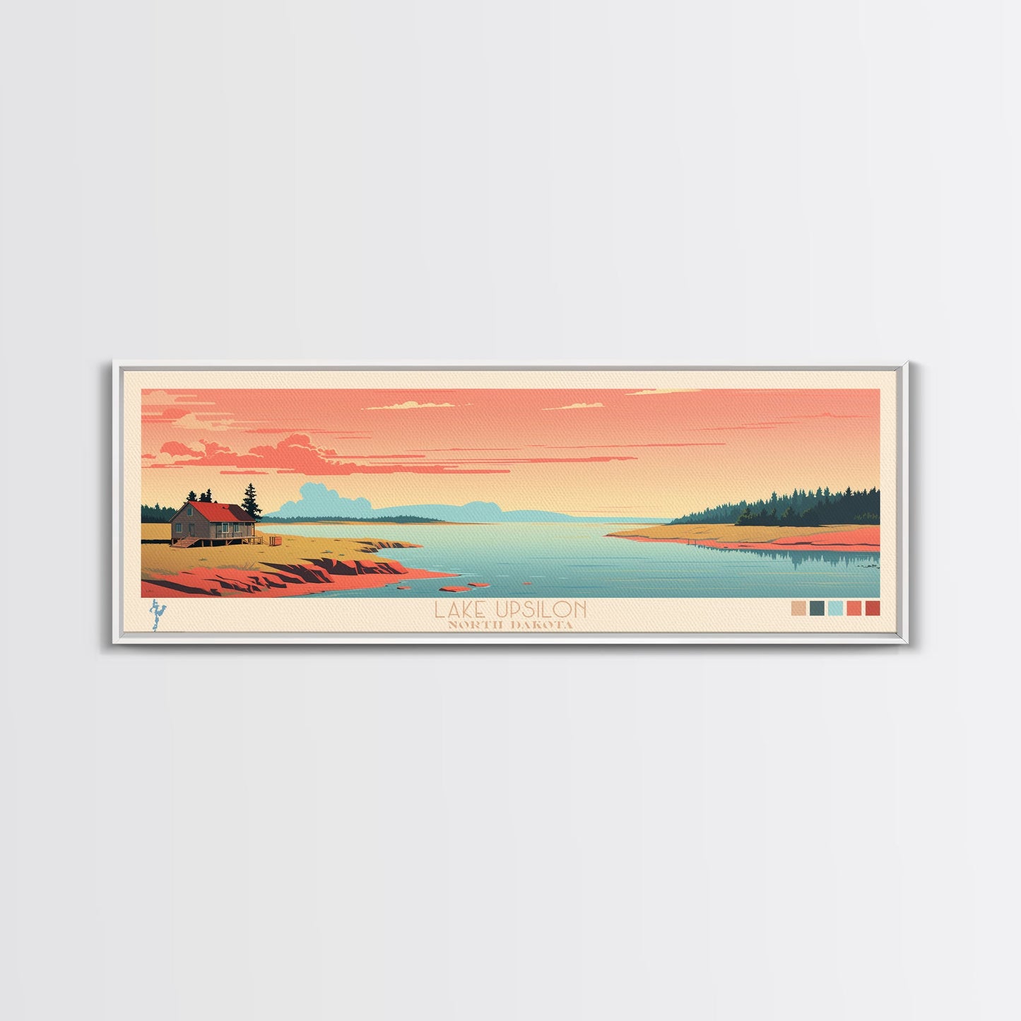Lake Upsilon, North Dakota Panoramic Wall Art Framed Canvas Print, Midcentury Modern, Pop Art, Home Decor, Travel Poster, Living Room Art