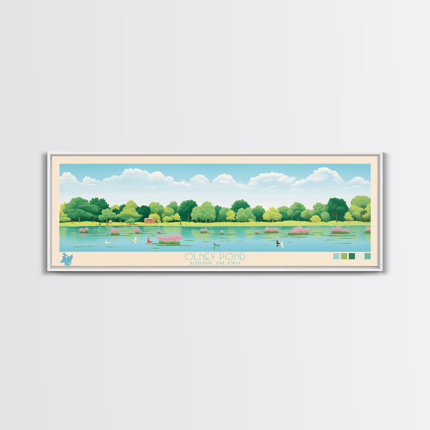 Olney Pond, Rhode Island Framed Canvas Print, Panoramic Wall Art, Midcentury Modern, Pop Art, Home Decor, Travel Poster, Living Room Art